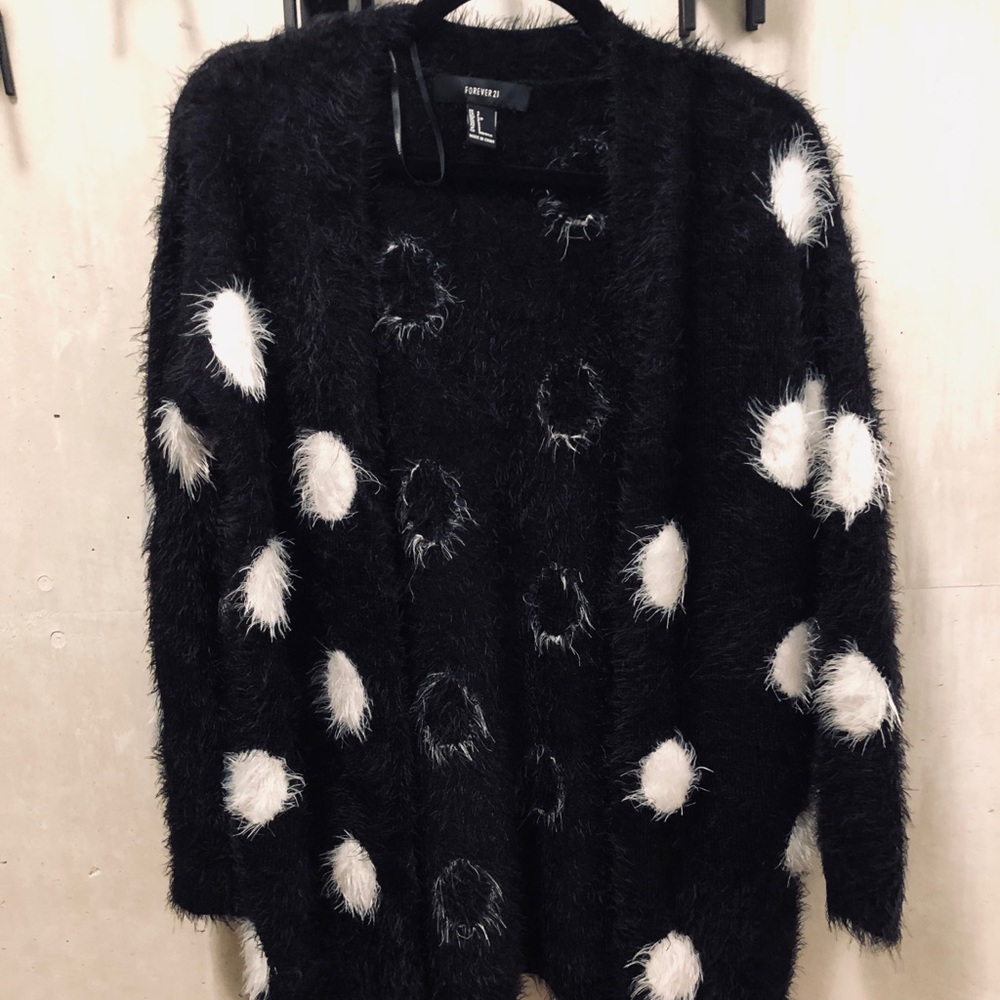 Forever 21 Black Fuzzy Polka Dot Cardigan